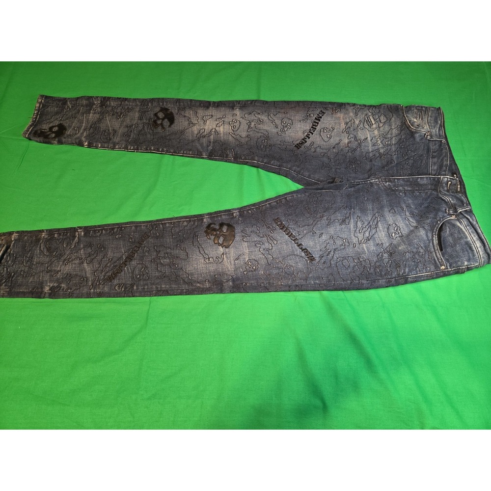 Embellish NYC graphic denim jeans featuring all-over Embroidery Skull Distressed
